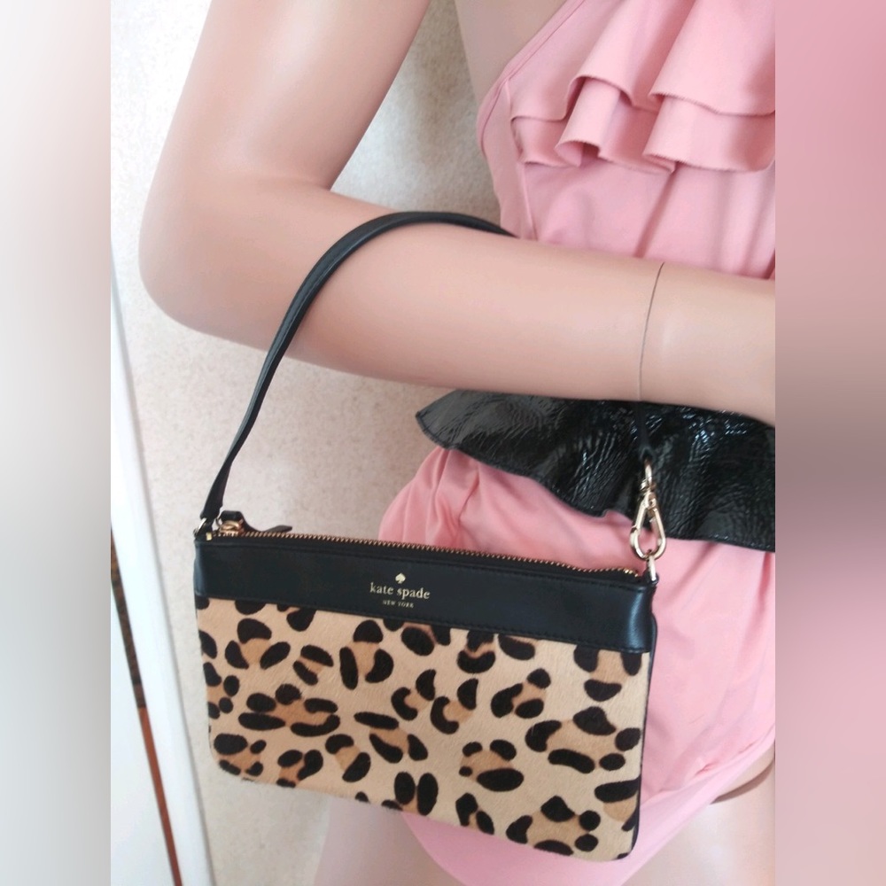 Kate Spade New York mini black leather with pony hair leopard print bag. No tags